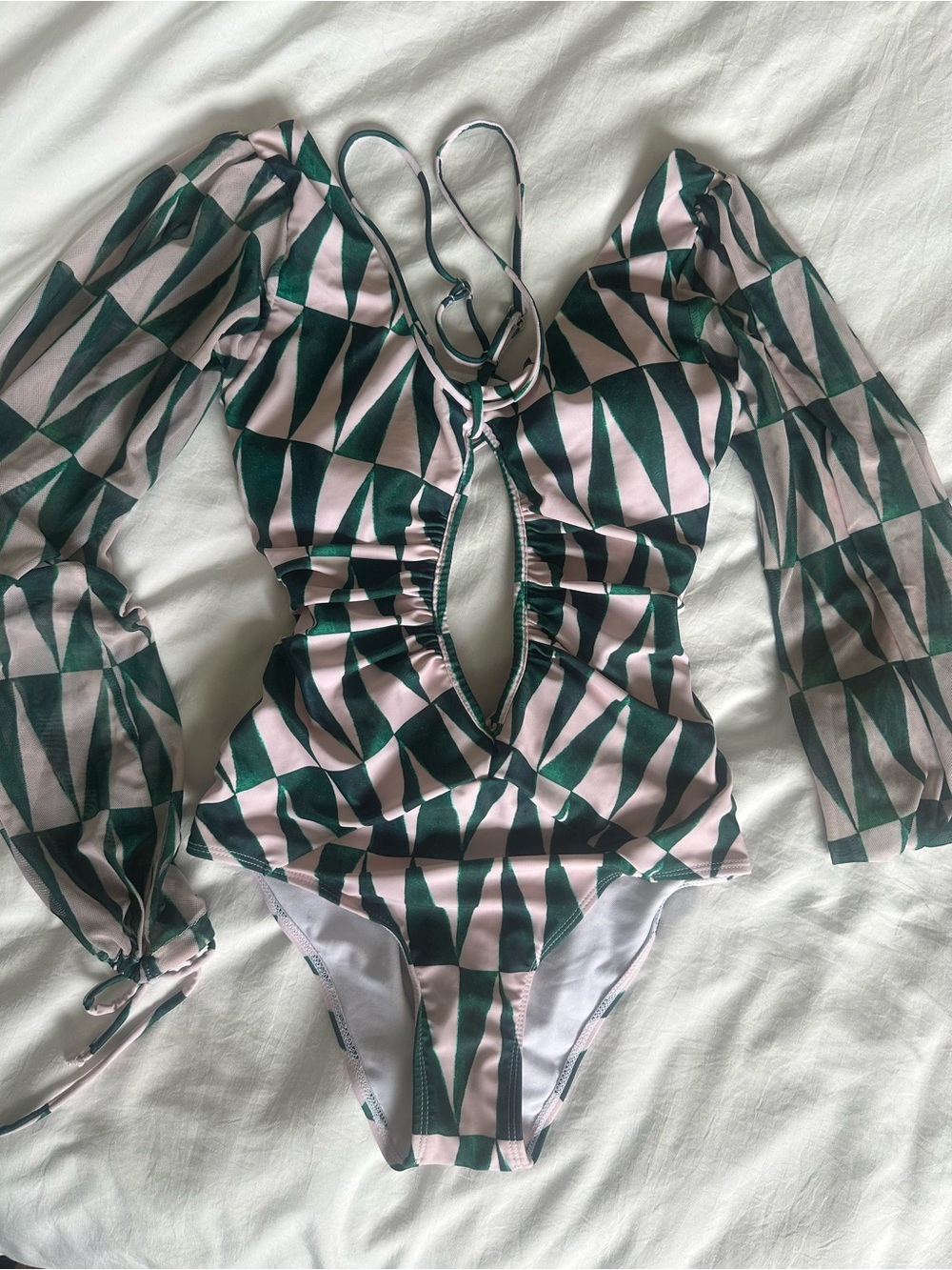 BNWOT Long Sleeve Cutout One-Piece Swimsuit in Green and Pink
